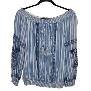 Xhilaration Top Womens Medium Blue Striped Floral Embroidered Off the Shoulder
